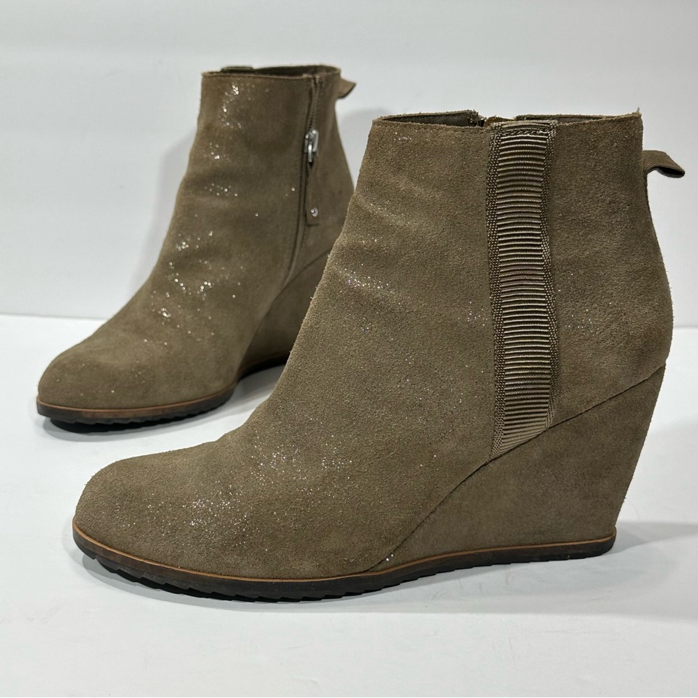 Linea Paolo Taupe Suede Shimmer Leather Wedge Ankle Booties Desert Boots 8.5